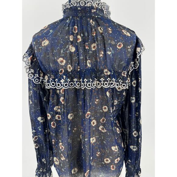 Isabel Marant Etoile Elmira Navy Blue Floral Eyelet Top Long Sleeve Blouse 38 6 - Picture 4 of 9